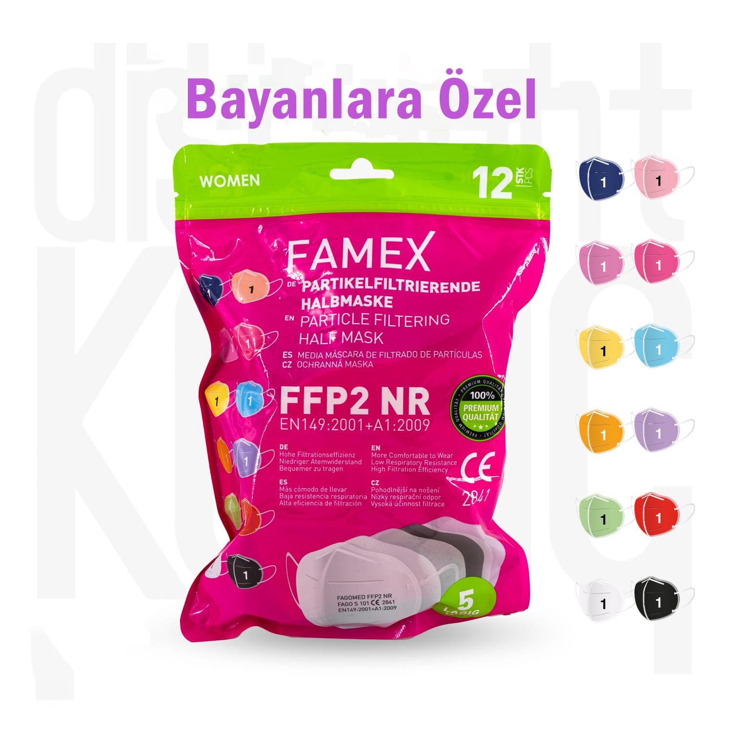 FAMEX Bayan Maske 12 Farklı Renk 5 Katlı 12 Adet FFP2 Maske